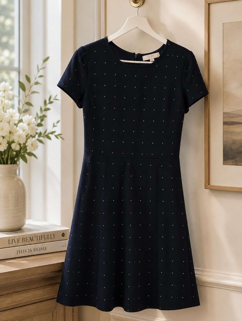 LOFT Dark Blue Mini Dress with White Dots